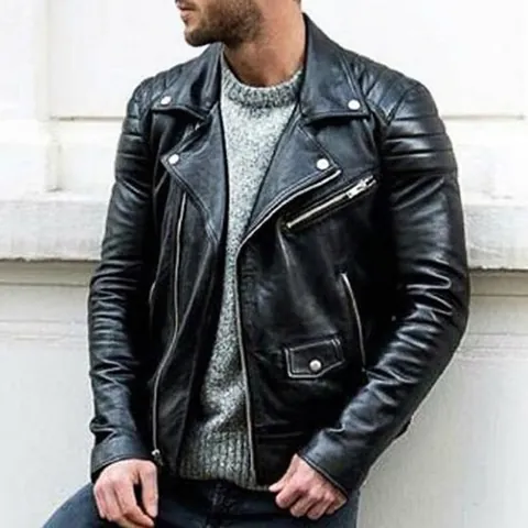 Men's Faux Leather Biker Jacket Asymmetrical Zipper Quilted Shoulder Lapel Moto Coat Casual Windproof Slim Fit Outerwear For Men