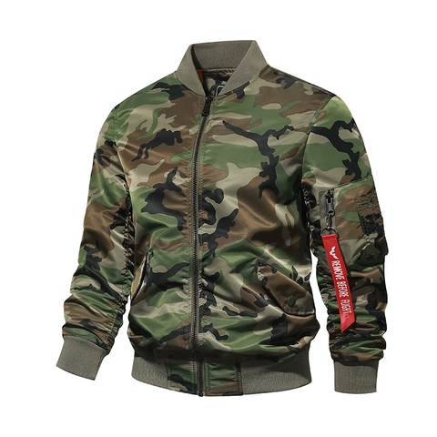 Bombardier Camouflage pour Hommes Veste de Vol MA1 en Nylon Coupe-Vent Vêtement d'Extérieur Décontracté Style Militaire Avec Ruban