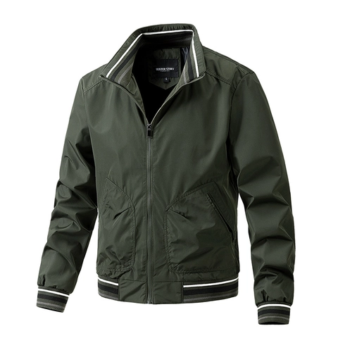 Men Slim Fit Stand Collar Jacket Polyester Bomber Coat Striped Ribbed Windbreaker Casual Outerwear Spring Autumn Top