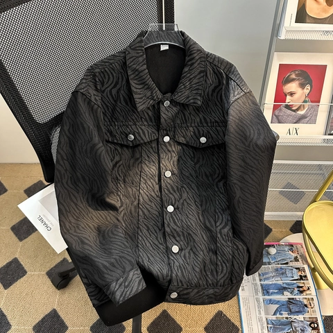 High Street Heren Spijkerjas Met Zebraprint Oversized Vintage Streetwear Lange Mouwen Bovenkleding Met Zakken Casual Lente Herfst Top