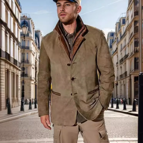 Men's Vintage Suede Jacket With Leather Patchwork Turn Down Collar Single Breasted British Style Business Casual Coat