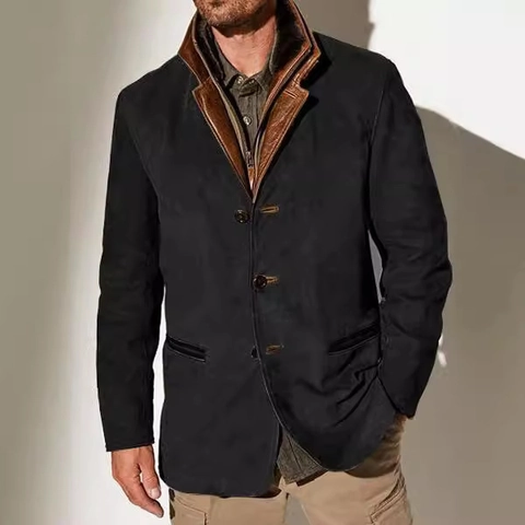 Men's Vintage Suede Jacket With Leather Patchwork Turn Down Collar Single Breasted British Style Business Casual Coat