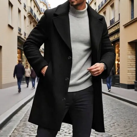 Trench-coat en Mélange de Laine pour Hommes Simple Boutonnage Longueur Moyenne Business Casual Col à Revers Manteau pour Automne Hiver