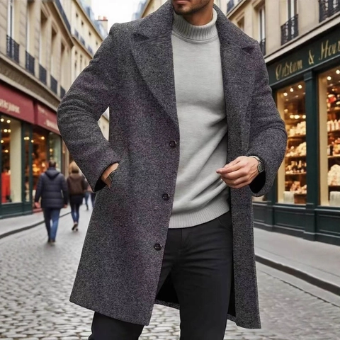 Trench-coat en Mélange de Laine pour Hommes Simple Boutonnage Longueur Moyenne Business Casual Col à Revers Manteau pour Automne Hiver