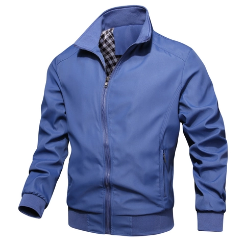Veste Homme Casual Col Montant Polyester Coupe Vent Doublure à Carreaux Manteau Zippé pour Bureau Quotidien Urbain