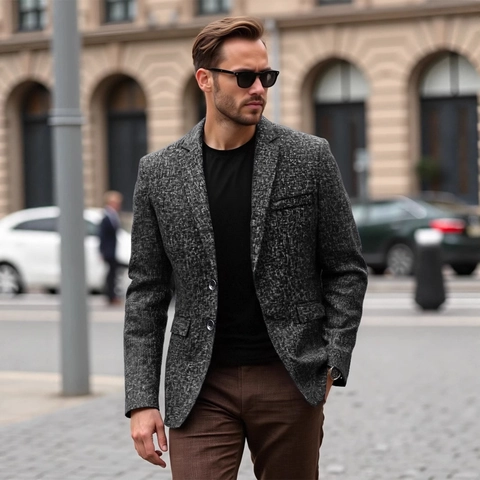 Chaqueta Blazer Casual Para Hombre Poliéster Ligero Textura Jaspeada Solapa De Muesca Corte Ajustado Traje De Oficina