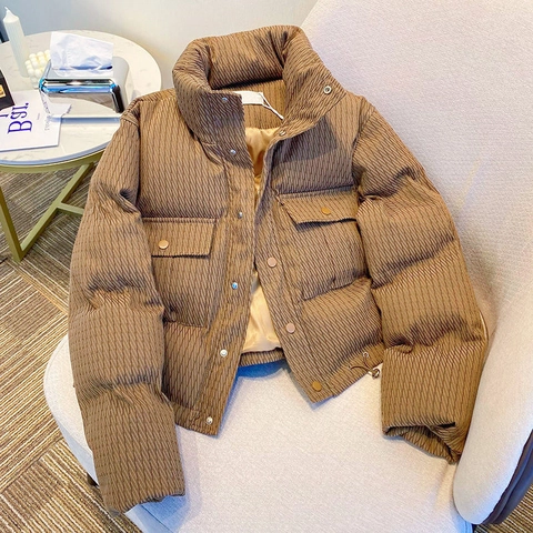 Women Short Padded Jacket Polyester Quilted Stand Collar Warm Coat Solid Color Loose Padded Outerwear Casual Winter Jacket