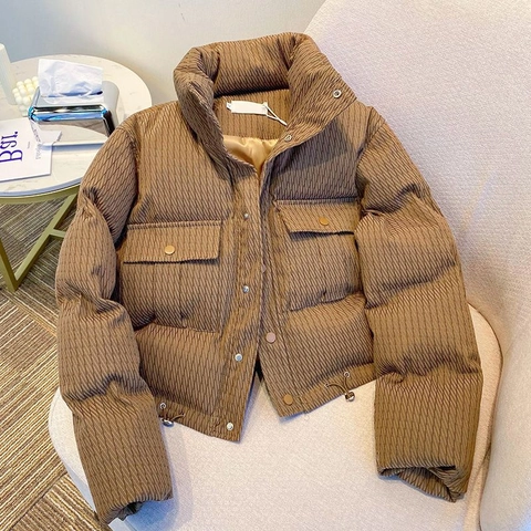 Women Short Padded Jacket Polyester Quilted Stand Collar Warm Coat Solid Color Loose Padded Outerwear Casual Winter Jacket