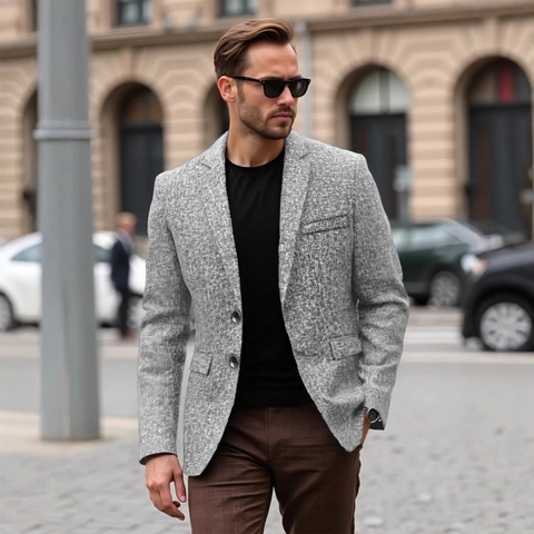 Chaqueta Blazer Casual Para Hombre Poliéster Ligero Textura Jaspeada Solapa De Muesca Corte Ajustado Traje De Oficina