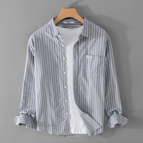 Camicia da Uomo a Righe in Cotone a Maniche Lunghe Casual con Risvolto e Bottoni Tasca sul Petto Stile Giapponese