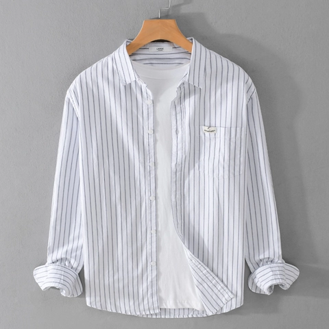 Camicia da Uomo a Righe in Cotone a Maniche Lunghe Casual con Risvolto e Bottoni Tasca sul Petto Stile Giapponese