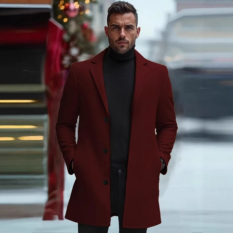 Men's Classic Mid-Length Polyester Overcoat Slim Fit Single-Breasted Lapel Trench Coat Winter Warm Business Casual Outerwear Jacket