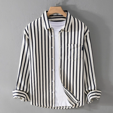 Men's Casual Striped Seersucker Long Sleeve Shirt Loose Bubble Texture Button Down Lapel Top Breathable Commuter Shirt