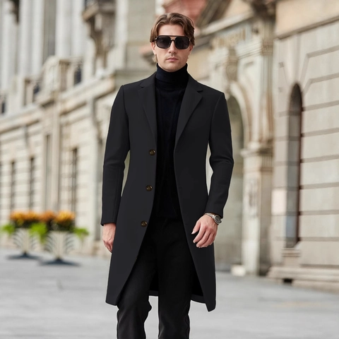 Men Single Breasted Long Trench Coat Notched Lapel Polyester Mercerized Fabric Slim Fit Business Casual Overcoat