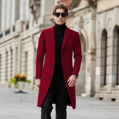 Men Single Breasted Long Trench Coat Notched Lapel Polyester Mercerized Fabric Slim Fit Business Casual Overcoat