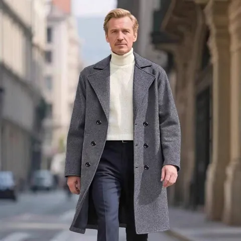 Heren Trenchcoat Double-breasted Wollook Slim Fit Revers Halflang Overjas Business Casual Effen Kleur Winter Bovenkleding