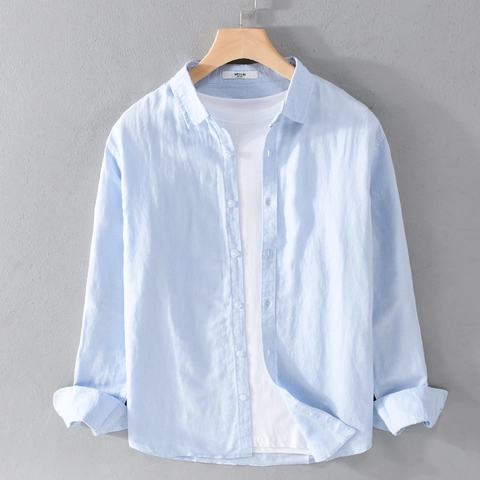 Camisa Casual de Manga Larga para Hombre Mezcla de Algodón y Lino Transpirable Color Sólido Cuello de Solapa Botones Diario