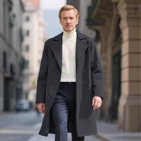 Heren Trenchcoat Double-breasted Wollook Slim Fit Revers Halflang Overjas Business Casual Effen Kleur Winter Bovenkleding