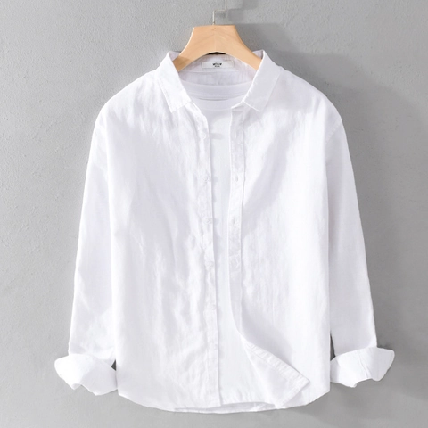 Camisa Casual de Manga Larga para Hombre Mezcla de Algodón y Lino Transpirable Color Sólido Cuello de Solapa Botones Diario