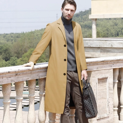 Men Classic Long Trench Coat Slim Fit Notched Lapel Single Breasted Overcoat Polyester Business Casual Autumn Winter Jacket