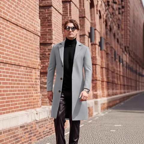 Men Overcoat Business Casual Long Coat Notched Lapel Single Breasted Solid Color Outwear For Autumn Winter Gent Jackets