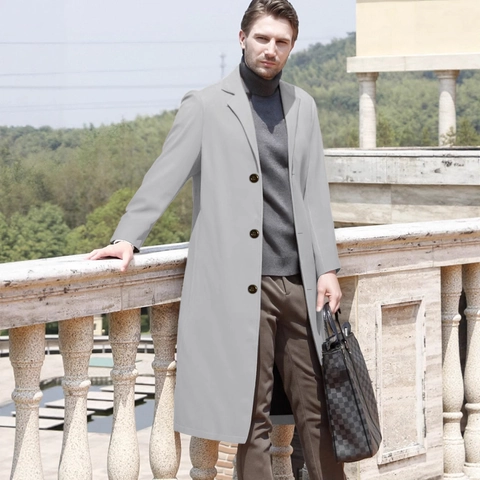 Men Classic Long Trench Coat Slim Fit Notched Lapel Single Breasted Overcoat Polyester Business Casual Autumn Winter Jacket