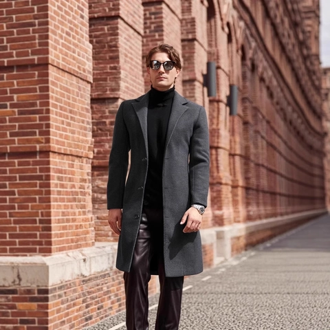 Men Overcoat Business Casual Long Coat Notched Lapel Single Breasted Solid Color Outwear For Autumn Winter Gent Jackets