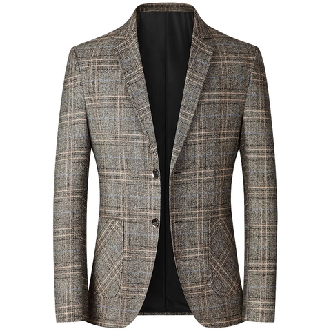 Men Casual Plaid Blazer Notch Lapel Mercerized Linen Slim Fit Single Breasted Suit Jacket For Middle Aged Men Business Casual Coat