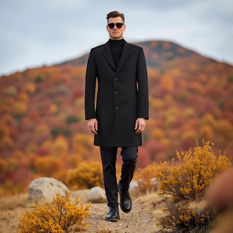 Trench-coat Mi-long Coupe Cintrée pour Hommes Simple Boutonnage Revers Pardessus Business Décontracté Manteau Chaud Classique