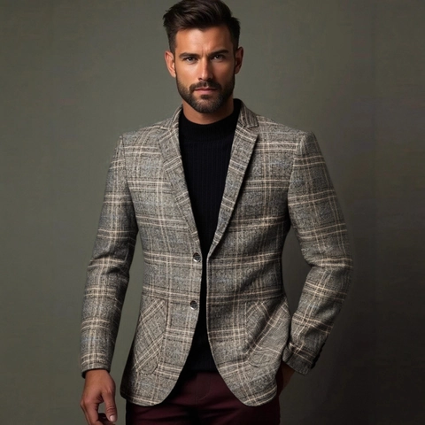 Men's Slim Fit Mercerized Linen Plaid Blazer Elegant Single Breasted Casual Business Lapel Jacket For Spring Autumn Men Clothing