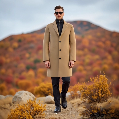 Trench-coat Mi-long Coupe Cintrée pour Hommes Simple Boutonnage Revers Pardessus Business Décontracté Manteau Chaud Classique