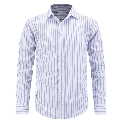 Herren Business Casual Gestreiftes Hemd Langarm Button Down Gentleman Top Polyester Rayon Mischung Bügelfrei Klassisch Revers Hemd