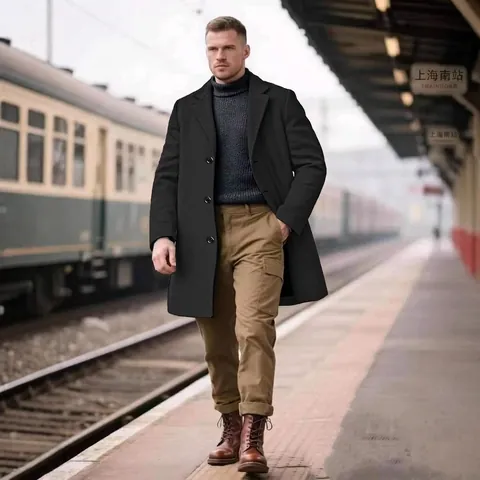 Herren Kurzmantel Mittellang Schmale Passform Reverskragen Einreiher Polyester Trenchcoat Business Casual Winterjacke