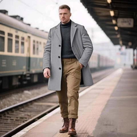 Herren Kurzmantel Mittellang Schmale Passform Reverskragen Einreiher Polyester Trenchcoat Business Casual Winterjacke