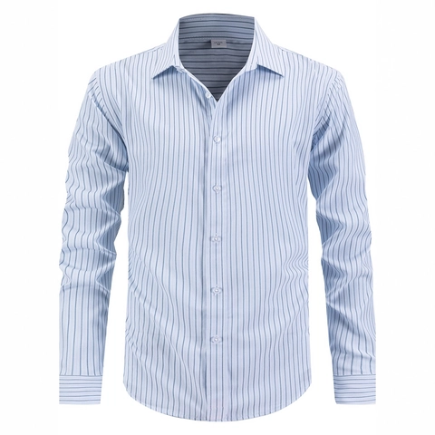 Men Long Sleeve Striped Business Shirt Casual Non-Iron Gentleman Button Down Lapel Top For Daily Office Wear