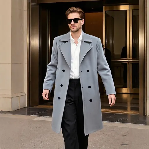 Men Double Breasted Trench Coat Polyester Wool Like Business Casual Overcoat Lapel Slim Fit Long Jacket For Men Social Jacket