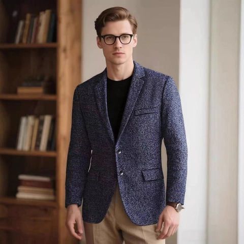 Chaqueta Americana Casual para Hombre de Poliéster Texturizado Corte Ajustado Solapa de Muesca Dos Botones Chaqueta de Negocios para Oficina Diaria Color Sólido Ligero Ropa de Abrigo