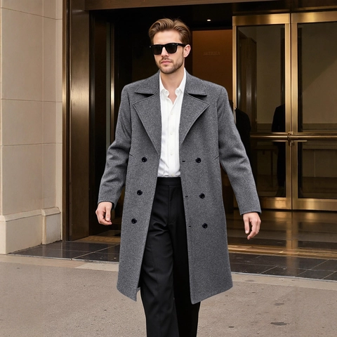 Men Double Breasted Trench Coat Polyester Wool Like Business Casual Overcoat Lapel Slim Fit Long Jacket For Men Social Jacket