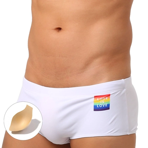 Herren Badehose Polyester Elasthan Regenbogen Love Is Love Slogan Bademode Mit 3D Cup Pad Schnelltrocknend Boxershorts Schwimmanzug