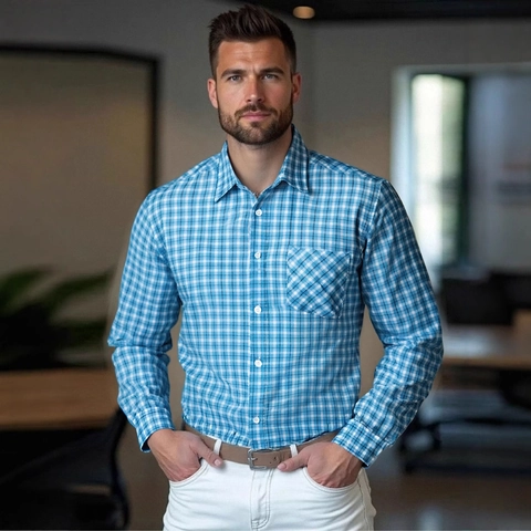 Camisa de Cuadros para Hombre Manga Larga Casual Top con Botones Mezcla de Poliéster Rayón Negocios Oficina Cuello de Solapa Bolsillo