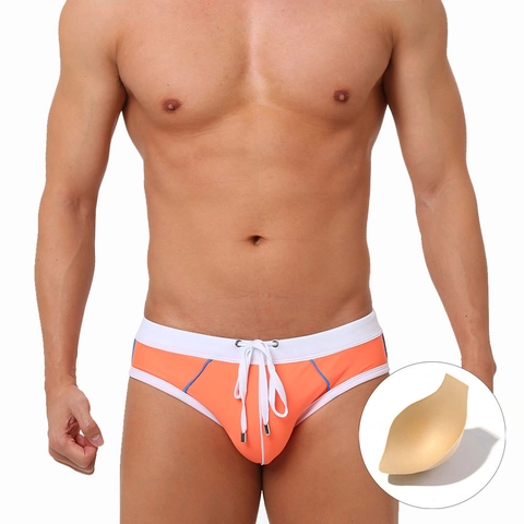 Men Color Block Swim Briefs With Removable Pad Pouch Low Waist Drawstring Contrast Swimming Trunks Sporty Beach Swimwear