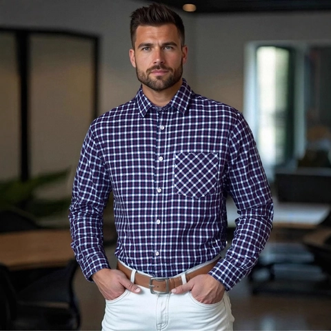 Camisa de Cuadros para Hombre Manga Larga Casual Top con Botones Mezcla de Poliéster Rayón Negocios Oficina Cuello de Solapa Bolsillo