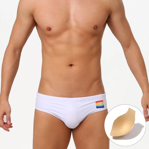 Men Low Waist Swim Briefs Rainbow Love Print Sexy Pride Swimwear With Removable Pouch Cup Quick Dry Polyester Bikini Trunks