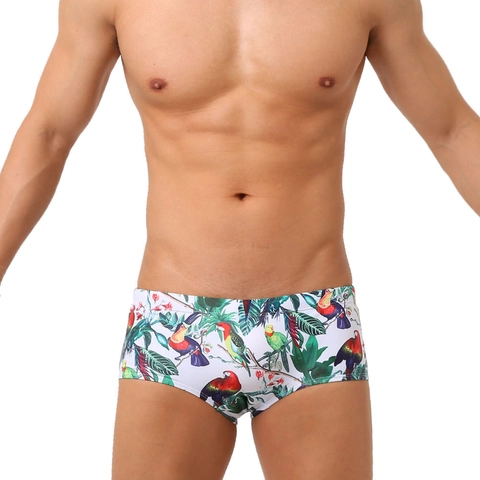 Herren Tropen Papagei Blatt Druck Badehose Polyester Elasthan Square Cut Beachwear Mit Herausnehmbarem Polster Schnelltrocknend