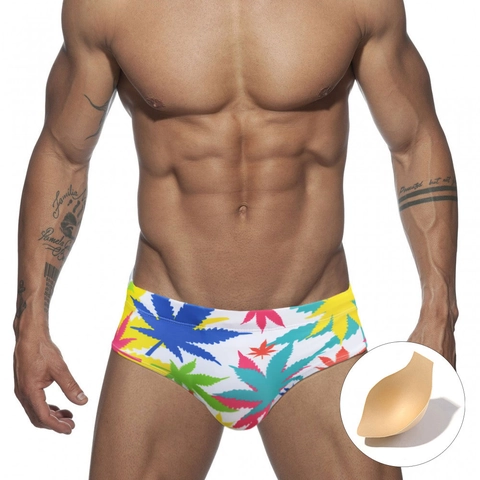 Herren Sexy Low Waist Badeslips Bunter Blätterdruck Schnelltrocknende Badebekleidung Mit Schutzschale Strand Surfen Badehose