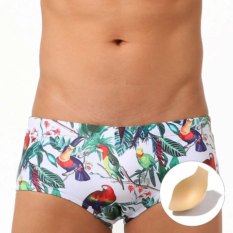 Herren Tropen Papagei Blatt Druck Badehose Polyester Elasthan Square Cut Beachwear Mit Herausnehmbarem Polster Schnelltrocknend