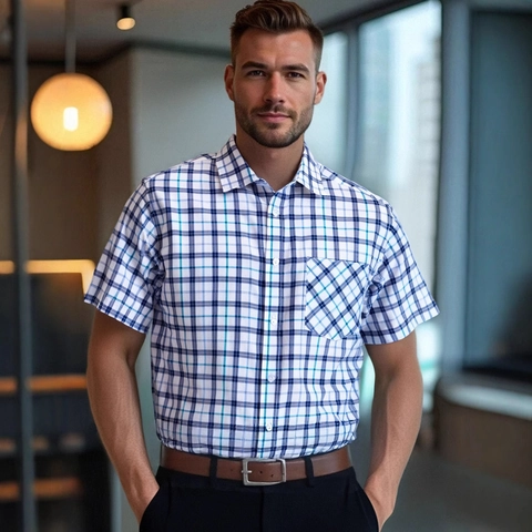 Chemise à Carreaux Business Casual pour Hommes Manches Courtes Mélange Polyester Viscose Boutonné Coupe Standard Revers pour Bureau Été