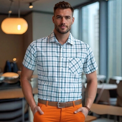Chemise à Carreaux Business Casual pour Hommes Manches Courtes Mélange Polyester Viscose Boutonné Coupe Standard Revers pour Bureau Été