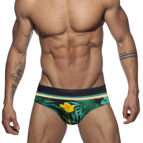 Slip de Bain Imprimé Jungle Tropicale pour Hommes Sexy Taille Basse Tenue de Plage Maillot de Bain Triangle avec Motifs Feuilles Vertes et Fleurs Jaunes Séchage Rapide