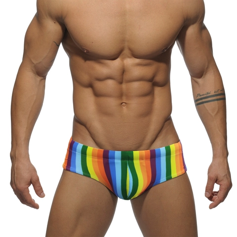 Men Sexy Rainbow Striped Swim Trunks Low Waist Polyester Spandex Swimwear With Removable Pad Multicolor Sports Swim Briefs